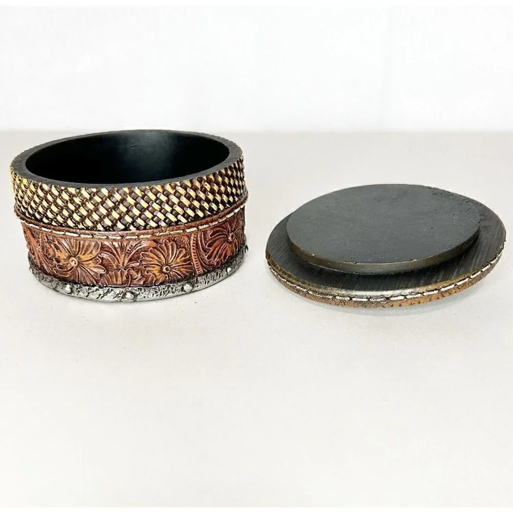 Midwest Seasons Tooled Leather Texture Round Resin Silver Star Trinket Box